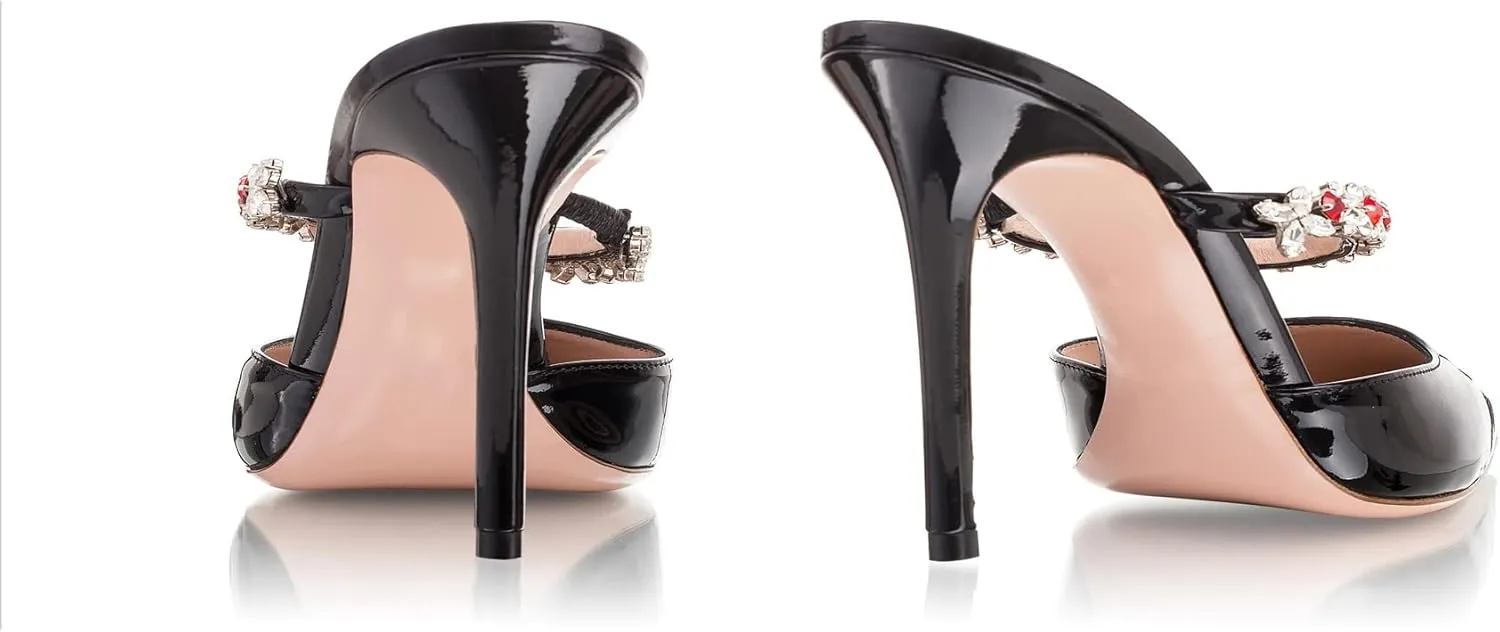 Heeled Mules Gem-Crystal Chain Embellished Strap High Stiletto Heels Sandals