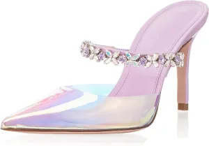 Heeled Mules Gem-Crystal Chain Embellished Strap High Stiletto Heels Sandals