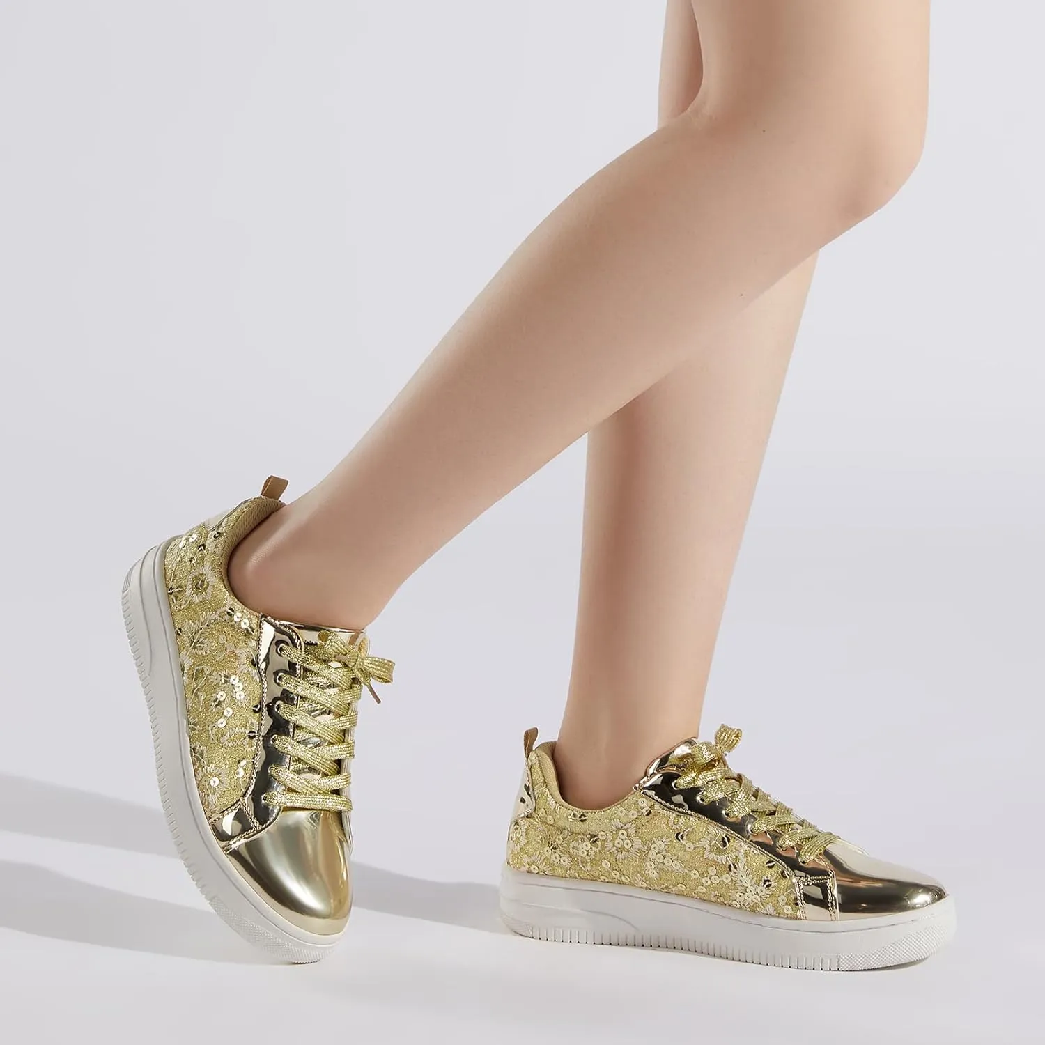 HEEZ Womens Platform Sneakers Fashion Star Tennis Shoes Lace Up Glitter Comfortable Walking Shoes