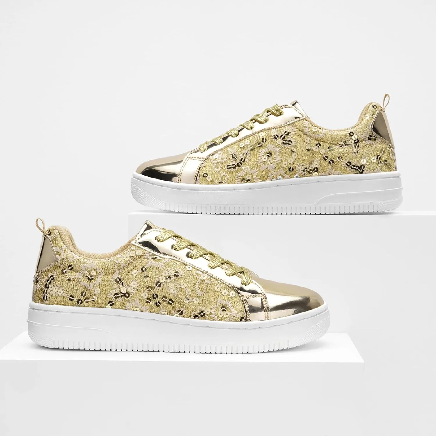 HEEZ Womens Platform Sneakers Fashion Star Tennis Shoes Lace Up Glitter Comfortable Walking Shoes