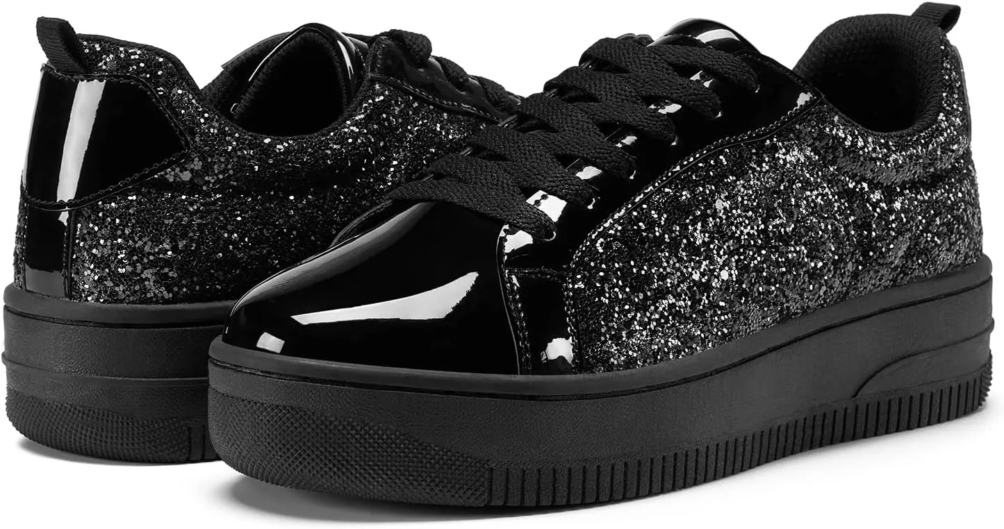 HEEZ Womens Platform Sneakers Fashion Star Tennis Shoes Lace Up Glitter Comfortable Walking Shoes