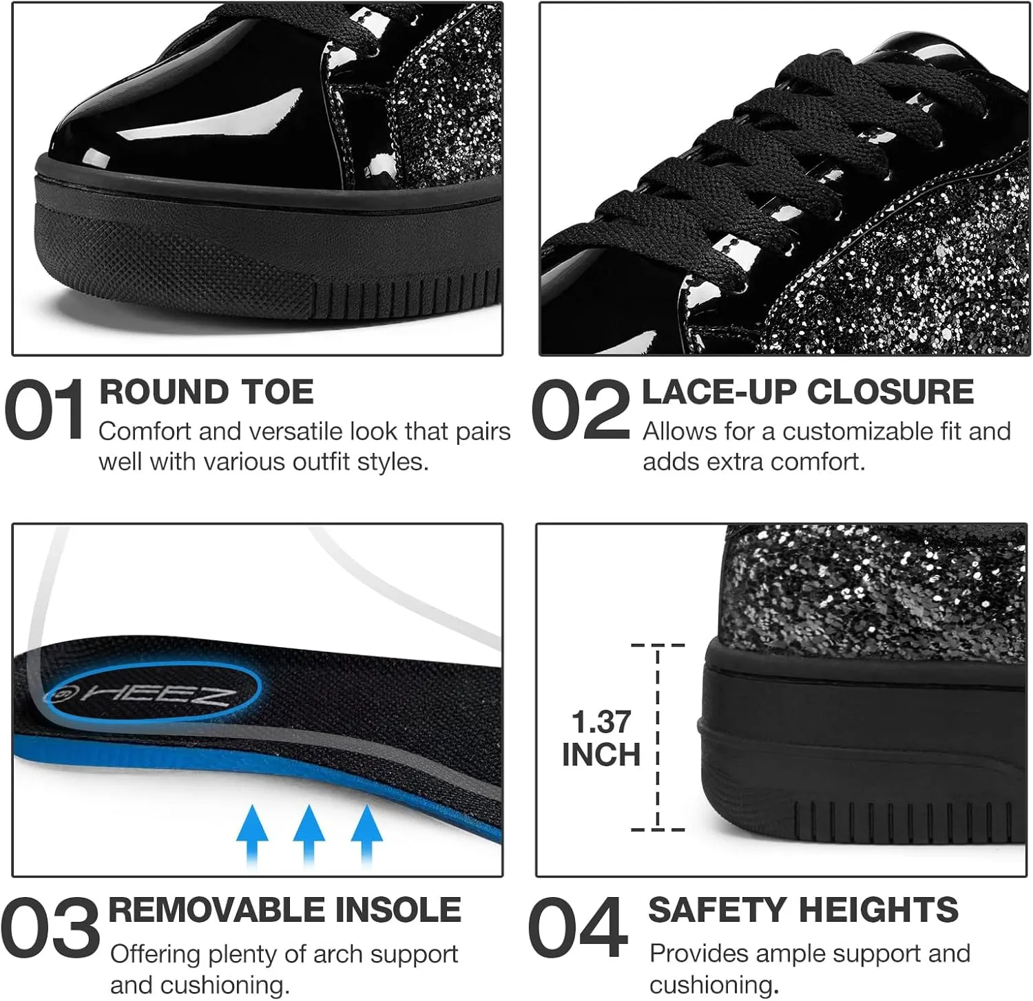 HEEZ Womens Platform Sneakers Fashion Star Tennis Shoes Lace Up Glitter Comfortable Walking Shoes