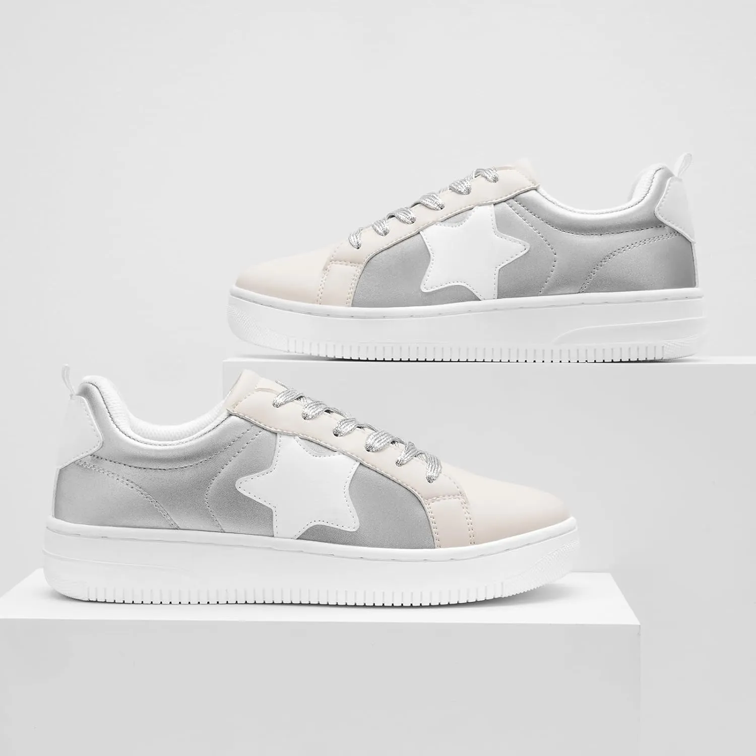 HEEZ Womens Platform Sneakers Fashion Star Tennis Shoes Lace Up Glitter Comfortable Walking Shoes
