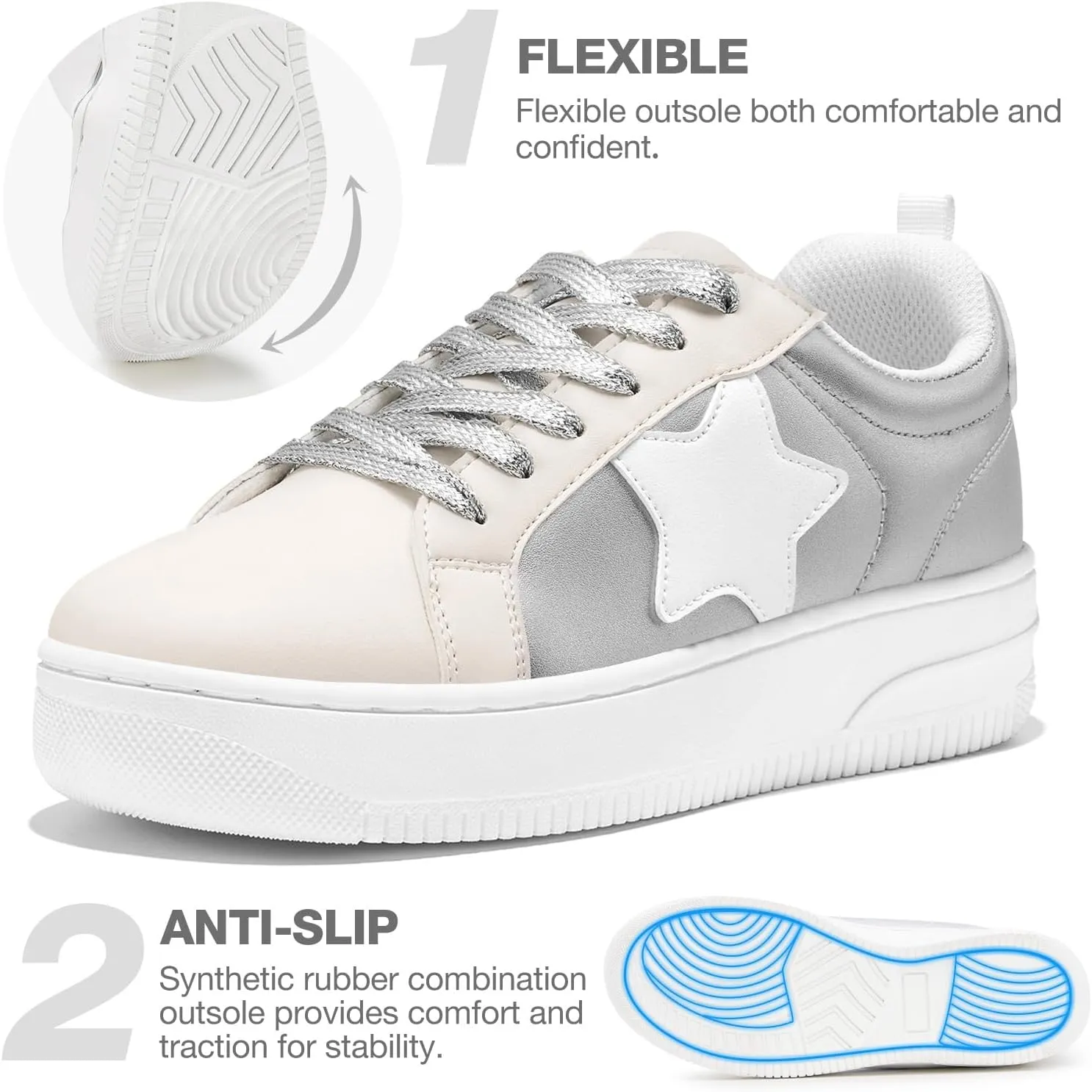HEEZ Womens Platform Sneakers Fashion Star Tennis Shoes Lace Up Glitter Comfortable Walking Shoes