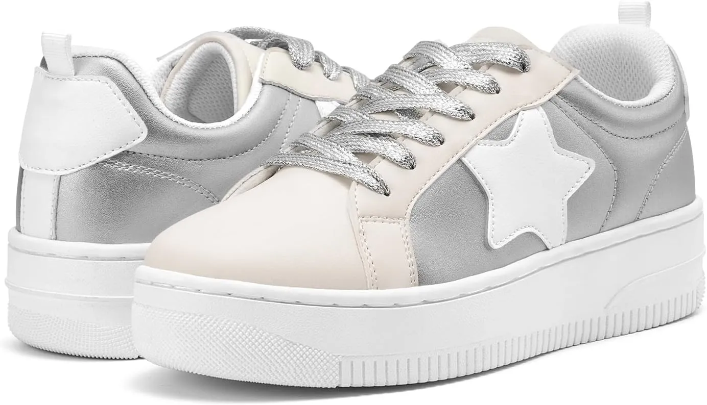 HEEZ Womens Platform Sneakers Fashion Star Tennis Shoes Lace Up Glitter Comfortable Walking Shoes