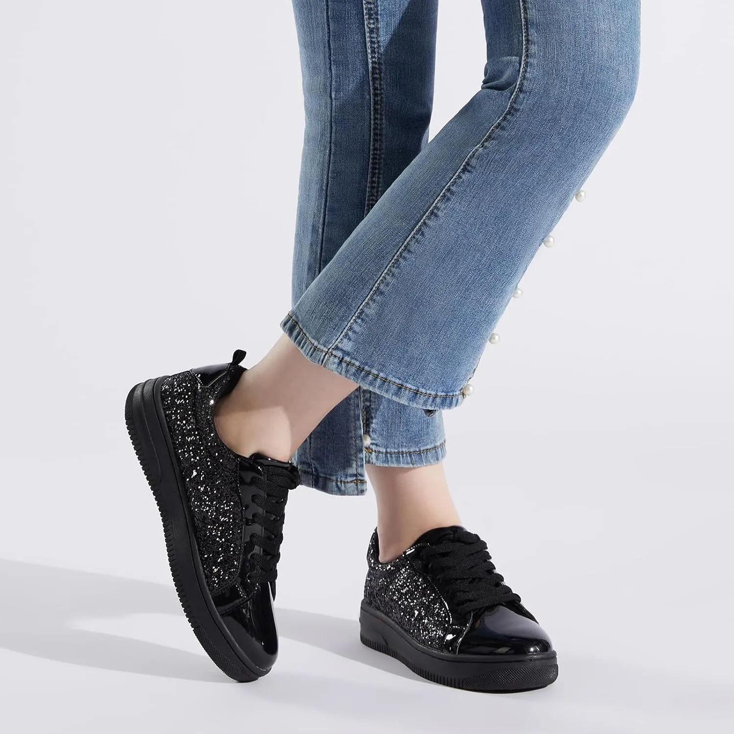 HEEZ Womens Platform Sneakers Fashion Star Tennis Shoes Lace Up Glitter Comfortable Walking Shoes
