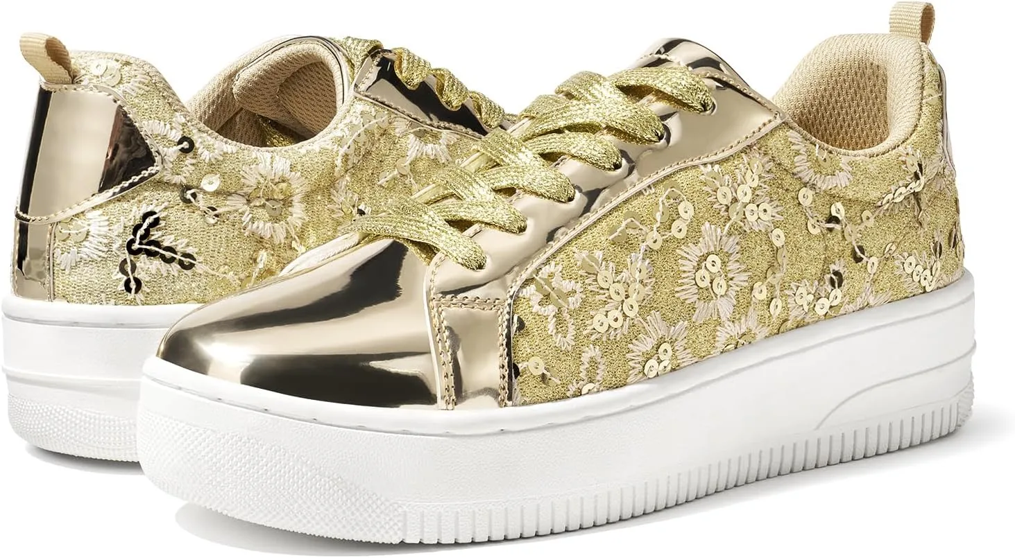 HEEZ Womens Platform Sneakers Fashion Star Tennis Shoes Lace Up Glitter Comfortable Walking Shoes