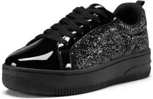 HEEZ Womens Platform Sneakers Fashion Star Tennis Shoes Lace Up Glitter Comfortable Walking Shoes
