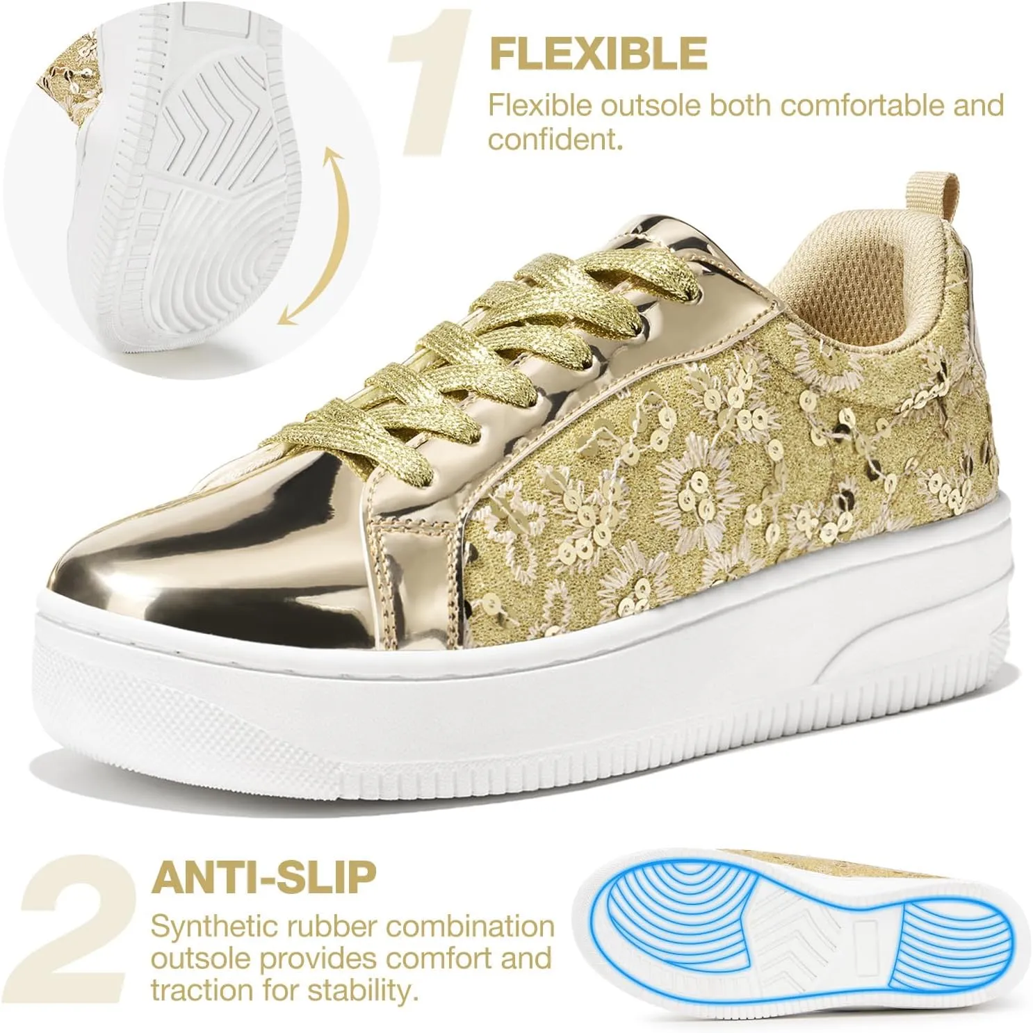 HEEZ Womens Platform Sneakers Fashion Star Tennis Shoes Lace Up Glitter Comfortable Walking Shoes