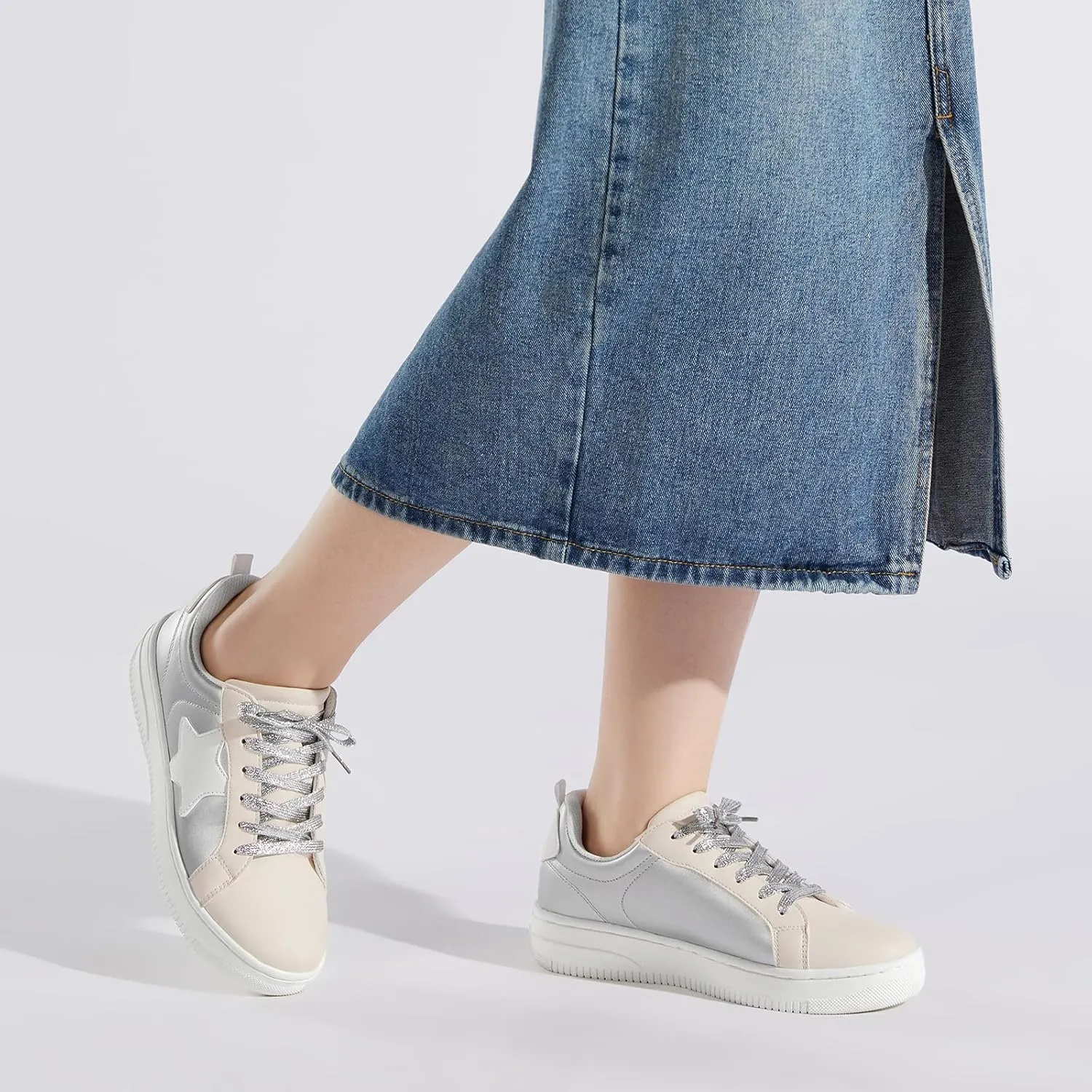HEEZ Womens Platform Sneakers Fashion Star Tennis Shoes Lace Up Glitter Comfortable Walking Shoes