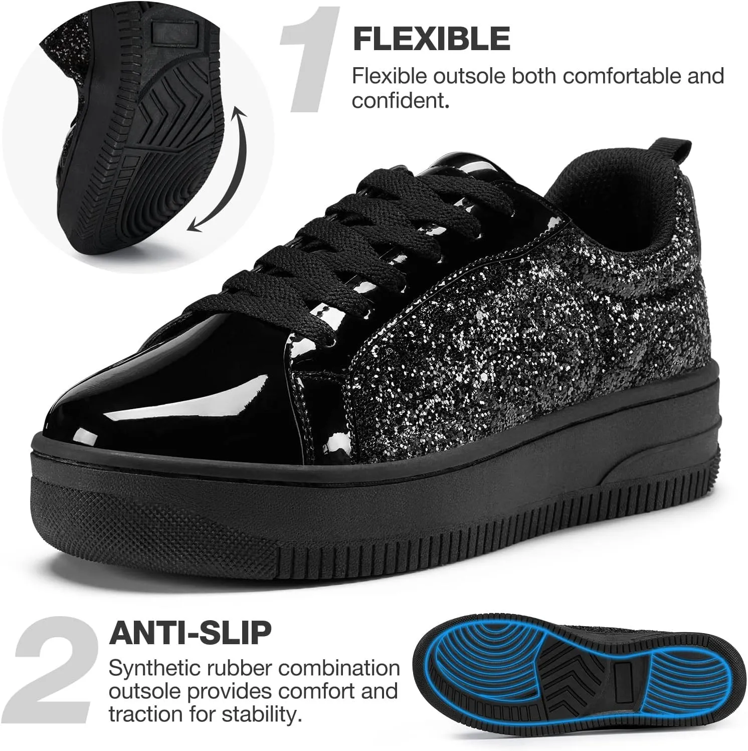 HEEZ Womens Platform Sneakers Fashion Star Tennis Shoes Lace Up Glitter Comfortable Walking Shoes