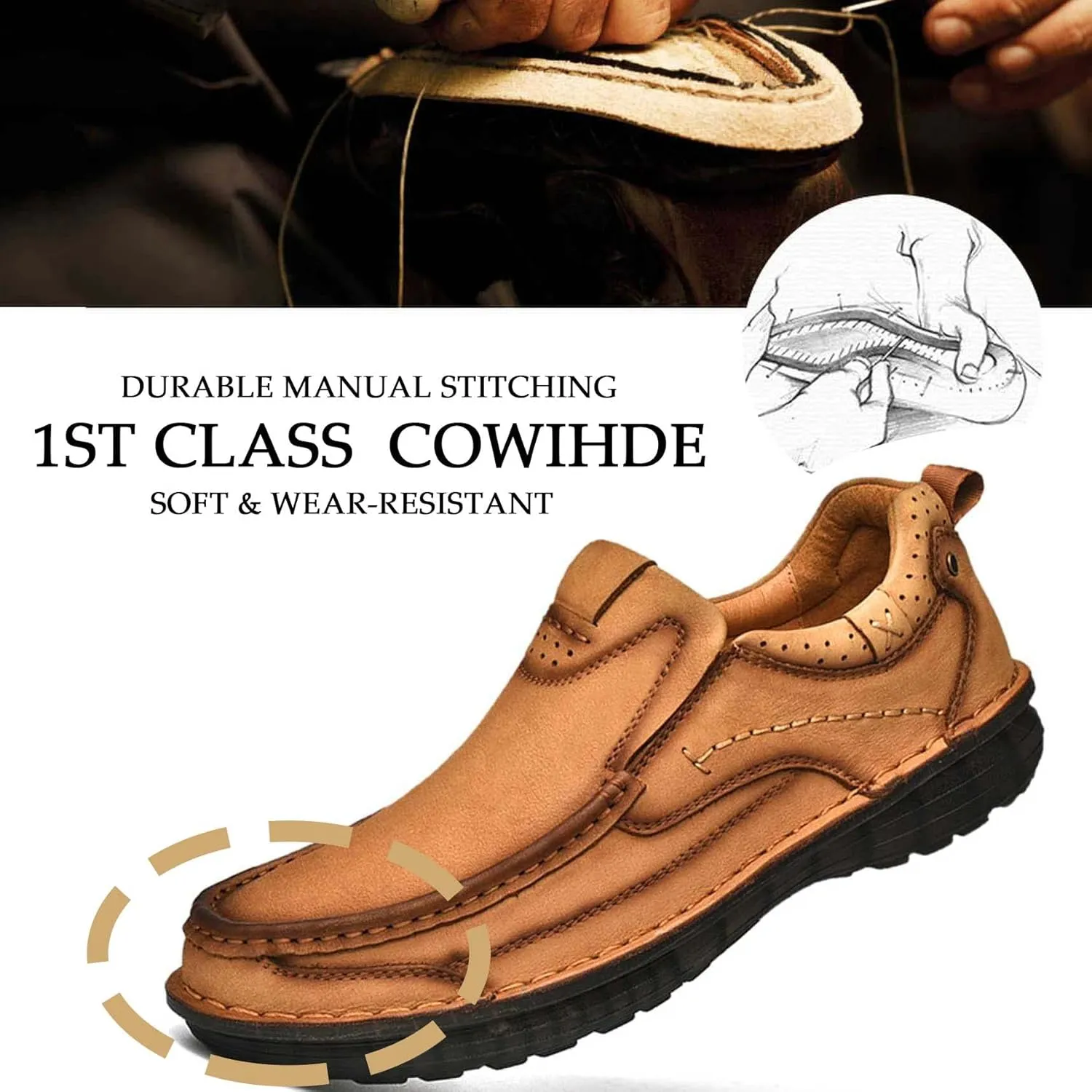 HESBITEUL Men's Leather Loafers Office Slip-on Shoes Casual Walking for Work Outdoor Trekking