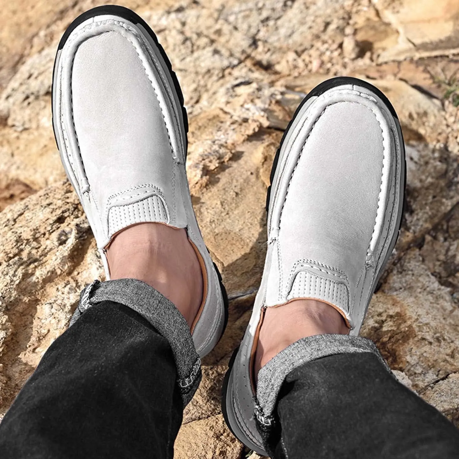 HESBITEUL Men's Leather Loafers Office Slip-on Shoes Casual Walking for Work Outdoor Trekking