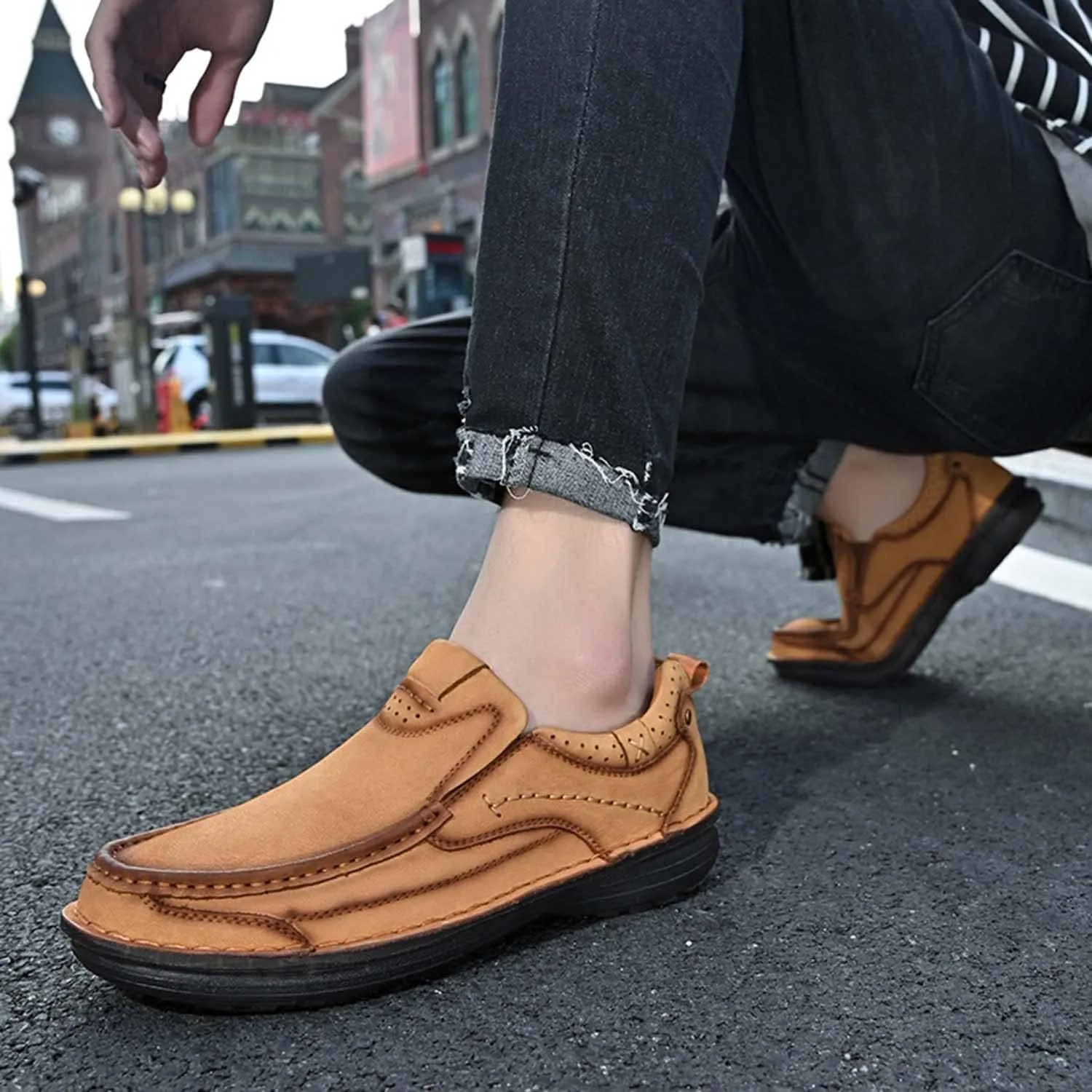 HESBITEUL Men's Leather Loafers Office Slip-on Shoes Casual Walking for Work Outdoor Trekking