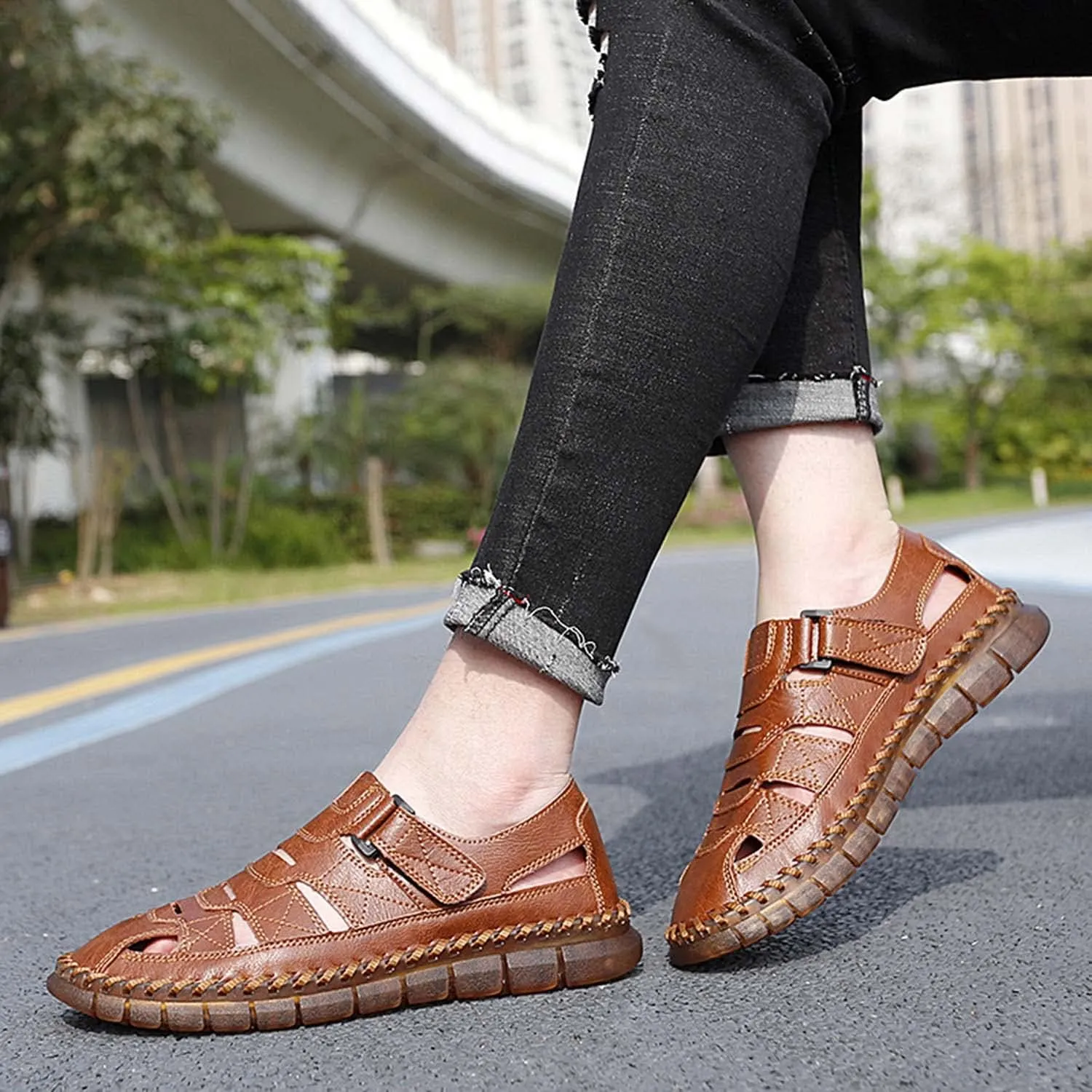 HESBITEUL Men's Sport Sandals Outdoor Hiking Sandals Closed Toe Leather Athletic Lightweight Trail Walking Casual Sandals Water Arch Support & Non-slipping Outsole