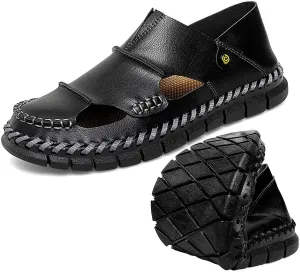HESBITEUL Men's Sport Sandals Outdoor Hiking Sandals Closed Toe Leather Athletic Lightweight Trail Walking Casual Sandals Water Arch Support & Non-slipping Outsole