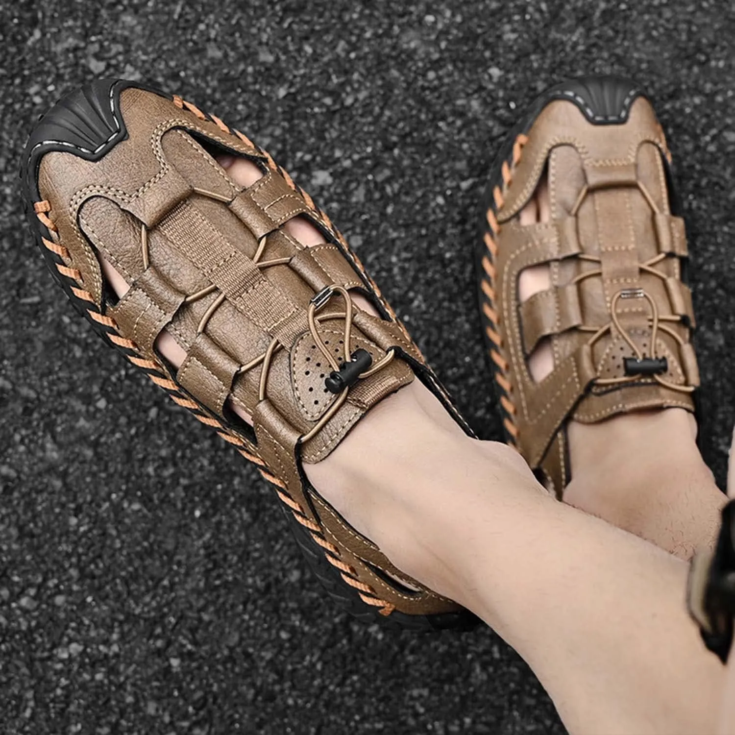 HESBITEUL Men's Sport Sandals Outdoor Hiking Sandals Closed Toe Leather Athletic Lightweight Trail Walking Casual Sandals Water Arch Support & Non-slipping Outsole
