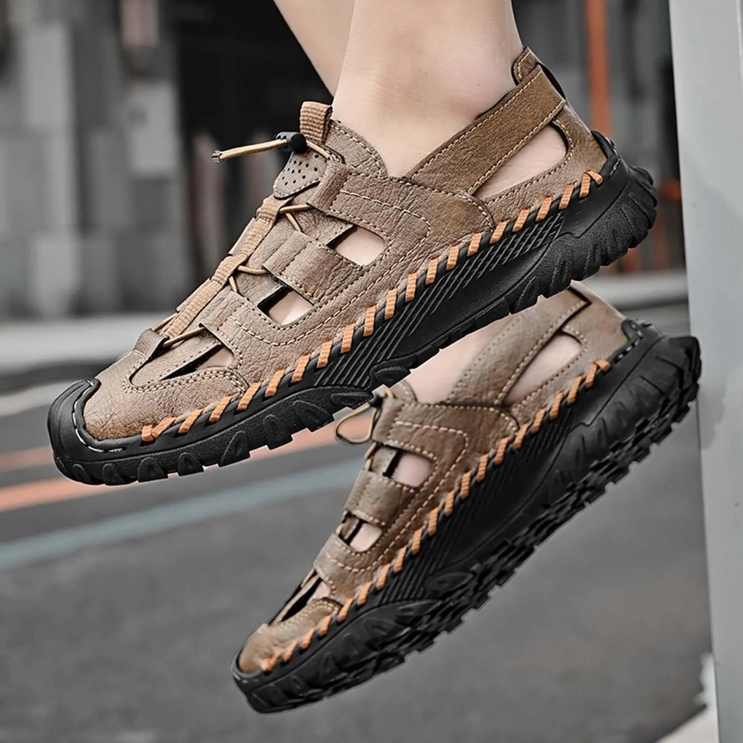 HESBITEUL Men's Sport Sandals Outdoor Hiking Sandals Closed Toe Leather Athletic Lightweight Trail Walking Casual Sandals Water Arch Support & Non-slipping Outsole