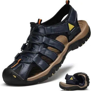 HESBITEUL Men's Sport Sandals Outdoor Hiking Sandals Closed Toe Leather Athletic Lightweight Trail Walking Casual Sandals Water Arch Support & Non-slipping Outsole
