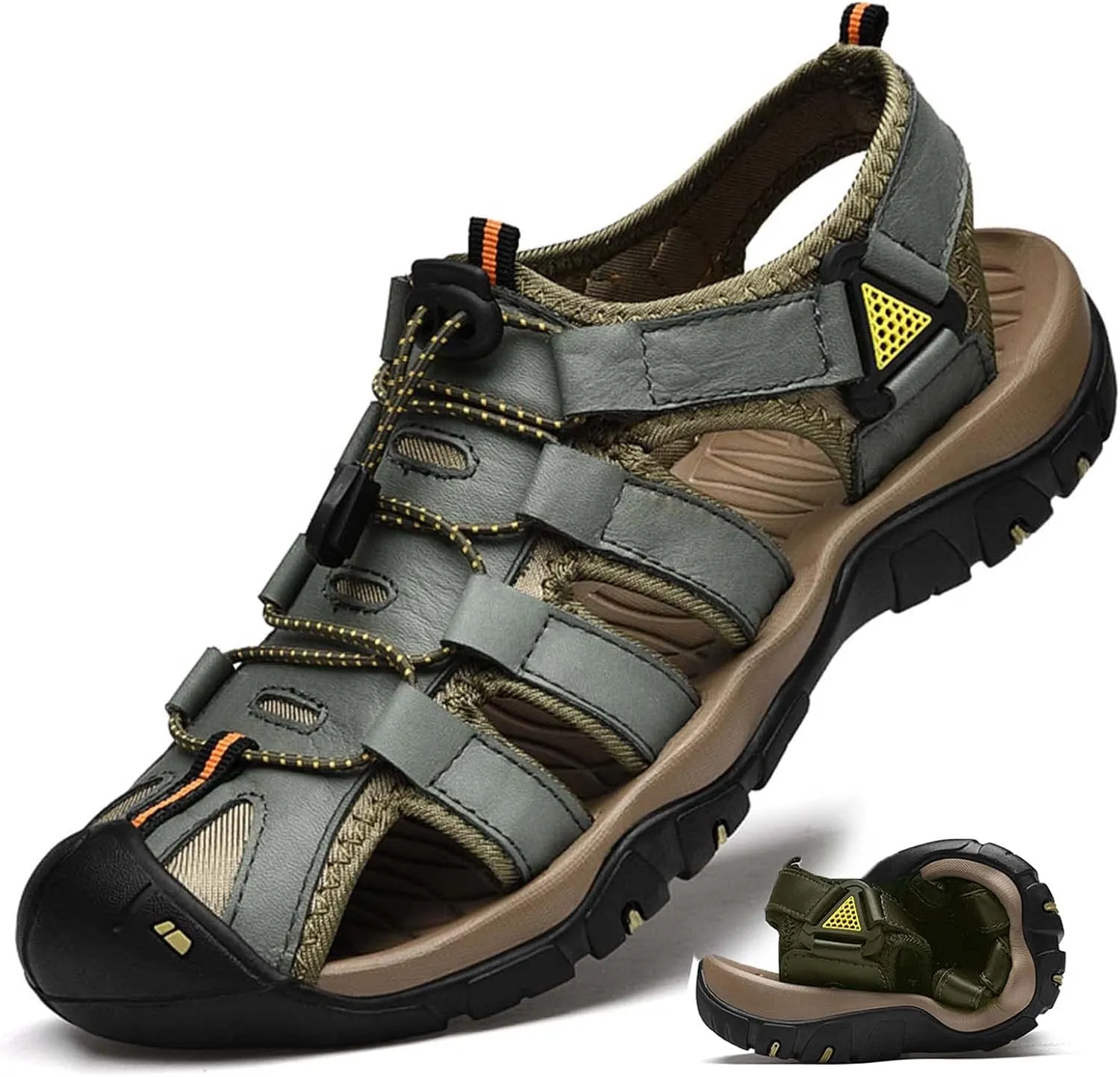 HESBITEUL Men's Sport Sandals Outdoor Hiking Sandals Closed Toe Leather Athletic Lightweight Trail Walking Casual Sandals Water Arch Support & Non-slipping Outsole