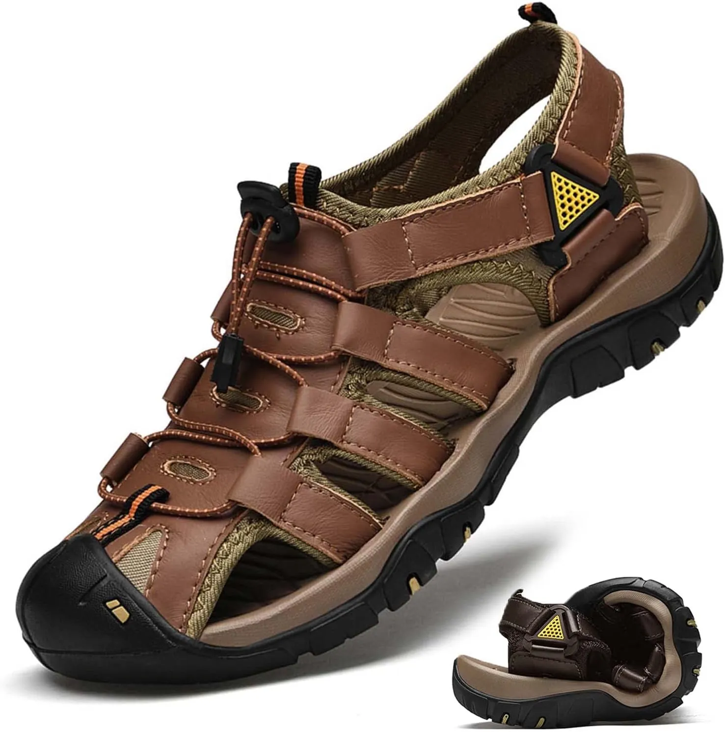 HESBITEUL Men's Sport Sandals Outdoor Hiking Sandals Closed Toe Leather Athletic Lightweight Trail Walking Casual Sandals Water Arch Support & Non-slipping Outsole