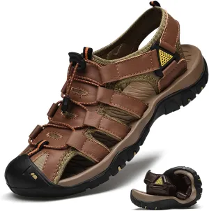 HESBITEUL Men's Sport Sandals Outdoor Hiking Sandals Closed Toe Leather Athletic Lightweight Trail Walking Casual Sandals Water Arch Support & Non-slipping Outsole