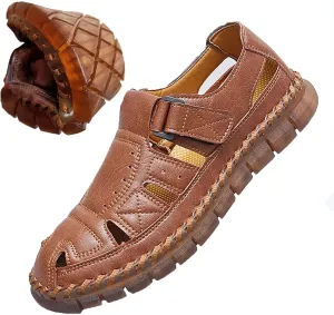 HESBITEUL Men's Sport Sandals Outdoor Hiking Sandals Closed Toe Leather Athletic Lightweight Trail Walking Casual Sandals Water Arch Support & Non-slipping Outsole