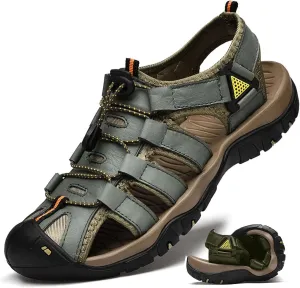 HESBITEUL Men's Sport Sandals Outdoor Hiking Sandals Closed Toe Leather Athletic Lightweight Trail Walking Casual Sandals Water Arch Support & Non-slipping Outsole
