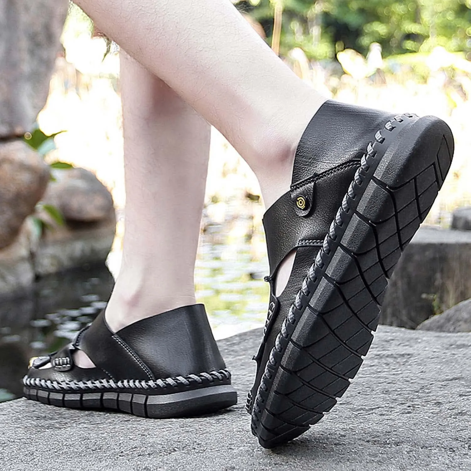 HESBITEUL Men's Sport Sandals Outdoor Hiking Sandals Closed Toe Leather Athletic Lightweight Trail Walking Casual Sandals Water Arch Support & Non-slipping Outsole