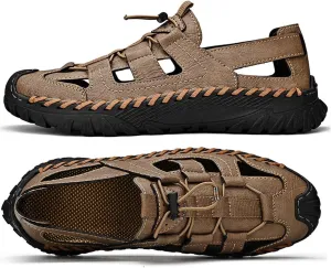HESBITEUL Men's Sport Sandals Outdoor Hiking Sandals Closed Toe Leather Athletic Lightweight Trail Walking Casual Sandals Water Arch Support & Non-slipping Outsole