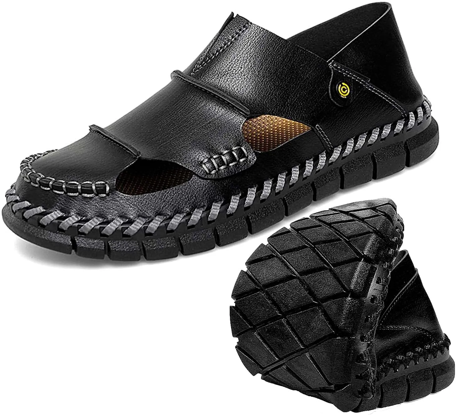 HESBITEUL Men's Sport Sandals Outdoor Hiking Sandals Closed Toe Leather Athletic Lightweight Trail Walking Casual Sandals Water Arch Support & Non-slipping Outsole