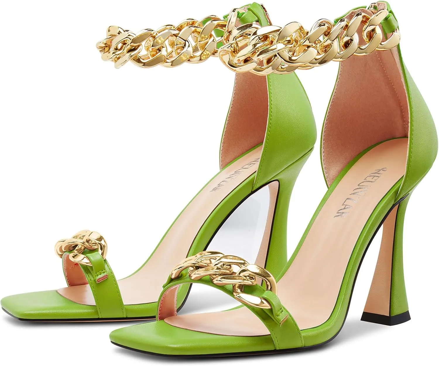 HEUIVZAR Womens High Kitten Heel Square Toe Sandals Ankle Strap Zipper Metal Chain Wedding Dress 3.9 Inches Heels