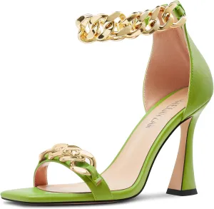 HEUIVZAR Womens High Kitten Heel Square Toe Sandals Ankle Strap Zipper Metal Chain Wedding Dress 3.9 Inches Heels