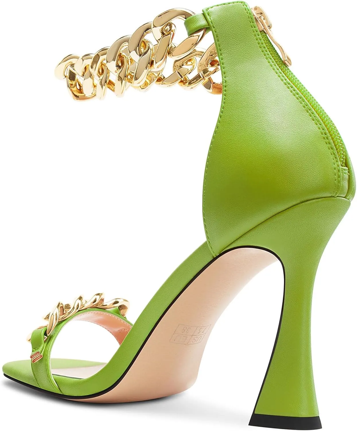 HEUIVZAR Womens High Kitten Heel Square Toe Sandals Ankle Strap Zipper Metal Chain Wedding Dress 3.9 Inches Heels