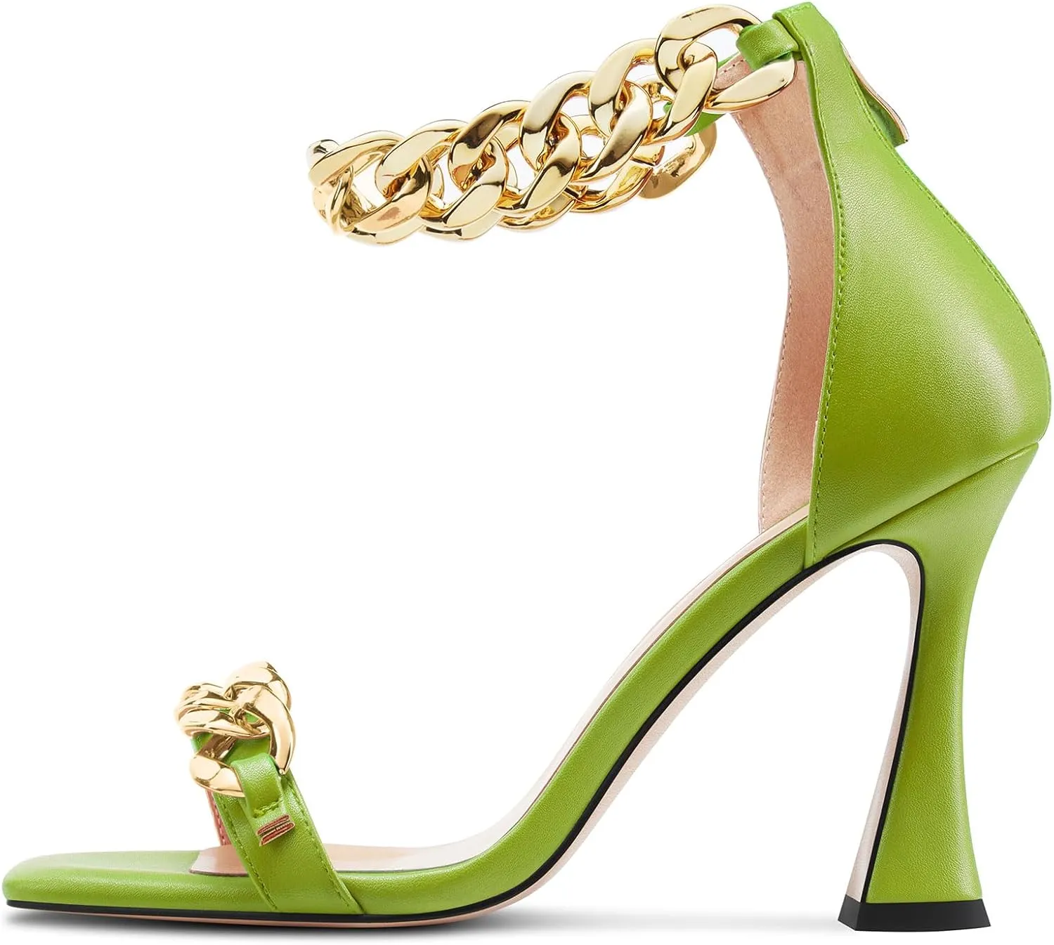HEUIVZAR Womens High Kitten Heel Square Toe Sandals Ankle Strap Zipper Metal Chain Wedding Dress 3.9 Inches Heels