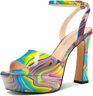 HEUIVZAR Womens Peep Open Square Toe Stiletto High Heel Ankle Strap Platform Sandals Prom Dress Shoes Patent Leather 4.7 Inches Heels
