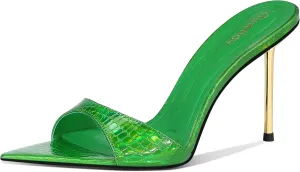 High Heel Mules for Women Pointed Toe Slip On Design with 3.7 Inch Metal Stiletto Heel and Soft Padded Insole in Iridescent Gold for Parties or Date Night
