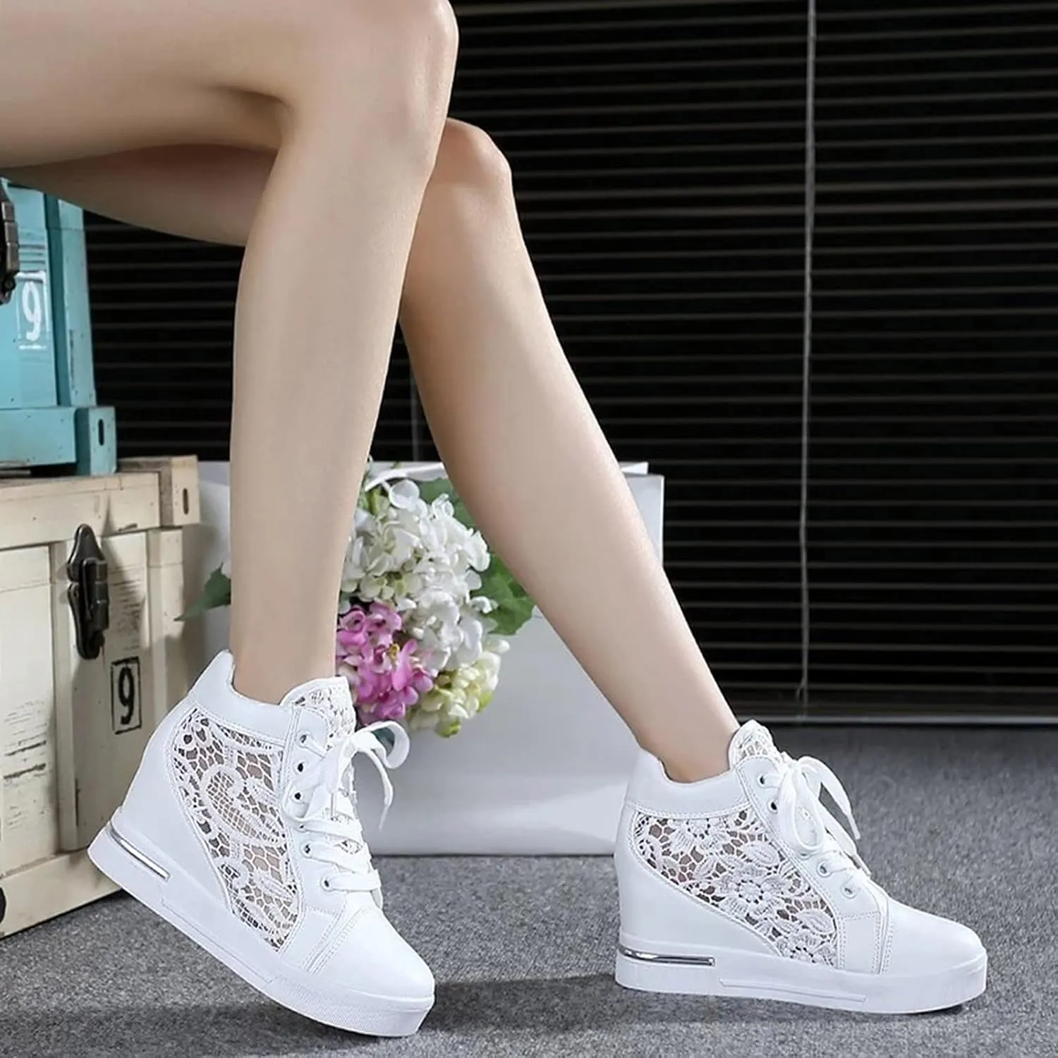 High Heeld Wedge Sneakers for Women, Ladies Hidden Heel Sneakers Dressy Lace Up Shoes High Top Sneakers Fashion Canvas Shoes Breathable Mesh Casual Platform Sneakers (A-White, 7.5)