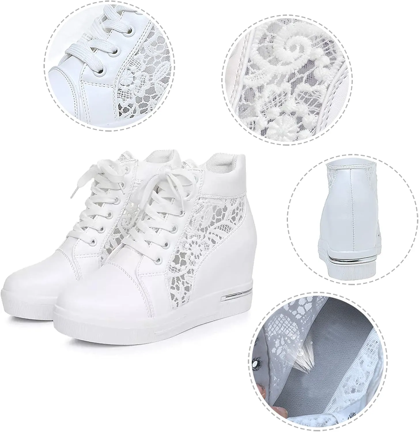 High Heeld Wedge Sneakers for Women, Ladies Hidden Heel Sneakers Dressy Lace Up Shoes High Top Sneakers Fashion Canvas Shoes Breathable Mesh Casual Platform Sneakers (A-White, 7.5)
