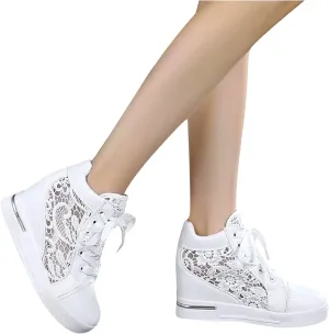 High Heeld Wedge Sneakers for Women, Ladies Hidden Heel Sneakers Dressy Lace Up Shoes High Top Sneakers Fashion Canvas Shoes Breathable Mesh Casual Platform Sneakers (A-White, 7.5)