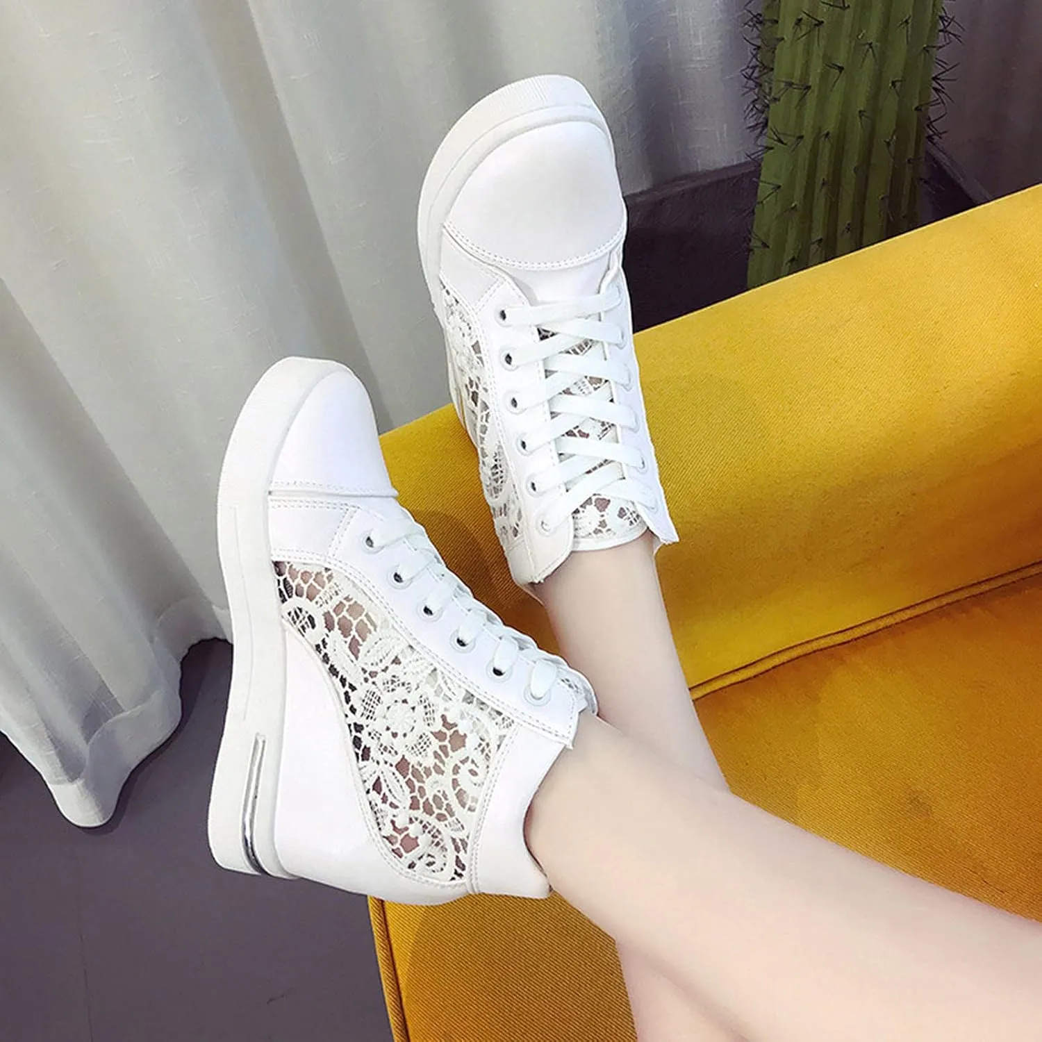 High Heeld Wedge Sneakers for Women, Ladies Hidden Heel Sneakers Dressy Lace Up Shoes High Top Sneakers Fashion Canvas Shoes Breathable Mesh Casual Platform Sneakers (A-White, 7.5)