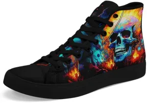 High-top Skull Canvas Sneaker for Men Women Lace up Fashion Unisex Flame Walking Casual Flat Shoes Black White Shoes