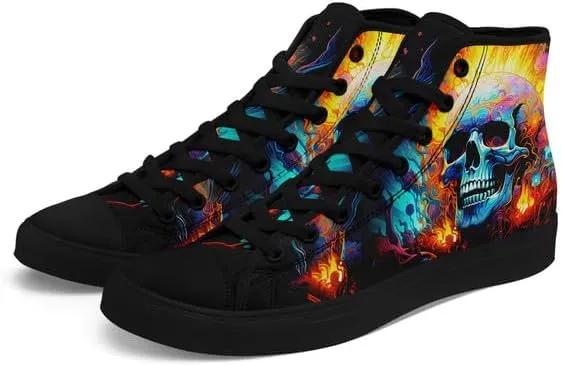 High-top Skull Canvas Sneaker for Men Women Lace up Fashion Unisex Flame Walking Casual Flat Shoes Black White Shoes