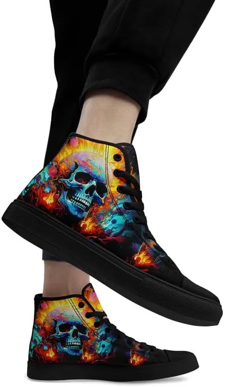 High-top Skull Canvas Sneaker for Men Women Lace up Fashion Unisex Flame Walking Casual Flat Shoes Black White Shoes