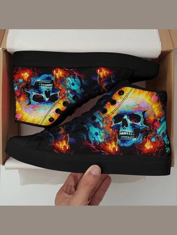 High-top Skull Canvas Sneaker for Men Women Lace up Fashion Unisex Flame Walking Casual Flat Shoes Black White Shoes