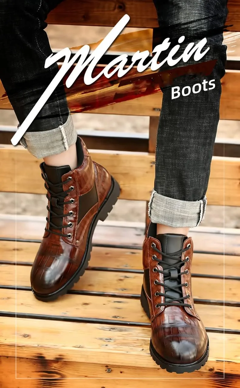 Hopomart Men's Cowhide Printed Pattern Boots,Men's High Top Casual Leather Boots,Waterproof Lace Up Formal Shoes