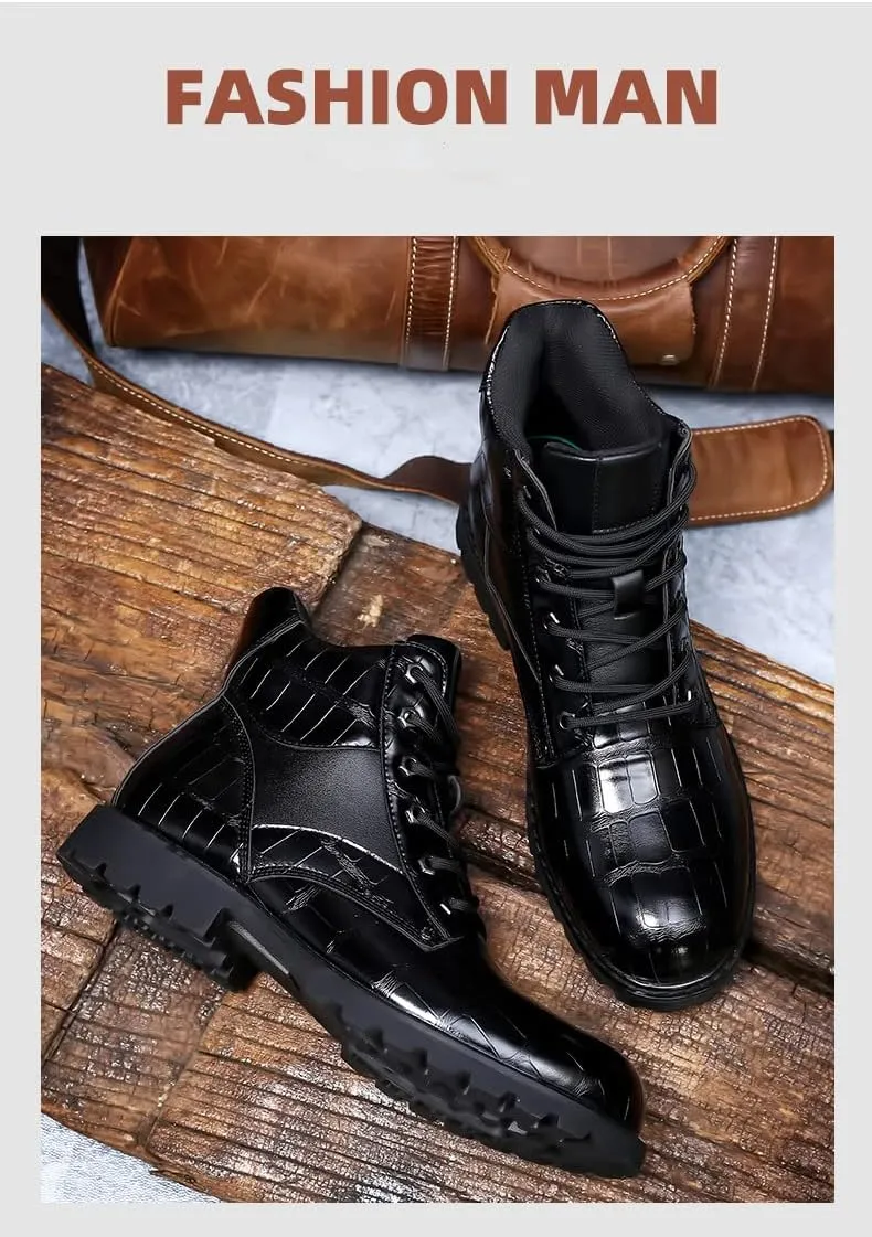 Hopomart Men's Cowhide Printed Pattern Boots,Men's High Top Casual Leather Boots,Waterproof Lace Up Formal Shoes
