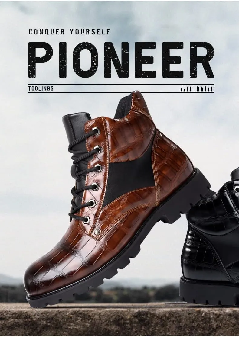 Hopomart Men's Cowhide Printed Pattern Boots,Men's High Top Casual Leather Boots,Waterproof Lace Up Formal Shoes