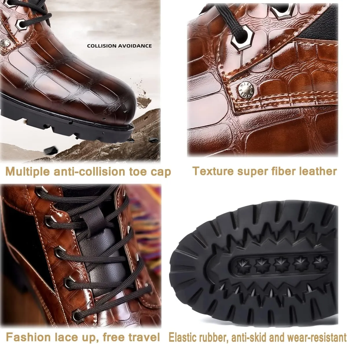 Hopomart Men's Cowhide Printed Pattern Boots,Men's High Top Casual Leather Boots,Waterproof Lace Up Formal Shoes