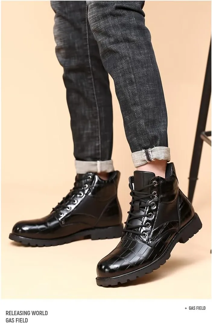 Hopomart Men's Cowhide Printed Pattern Boots,Men's High Top Casual Leather Boots,Waterproof Lace Up Formal Shoes